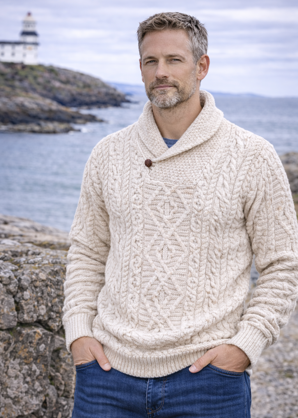 Men's Aran Shawl Neck Sweater | Natural Merino Wool