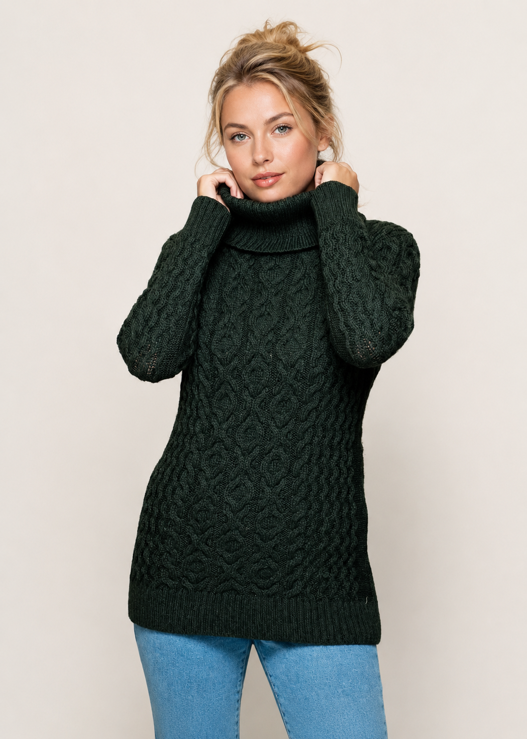 Merino Wool Polo Neck Aran Sweater | Army Green