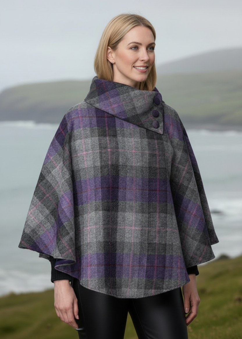 Mucros Poncho | Charcoal Lavender Stripe | 100% Wool Tweed