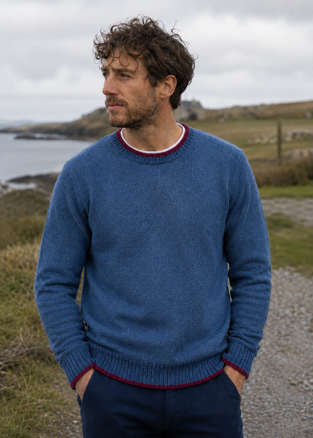 Saol Men's Fisherman Rib Crew Neck Sweater – Navy Green Mix