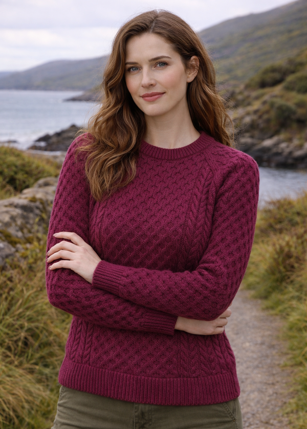 Women's Slim-Fit Aran Sweater in Raspberry | Premium Merino Wool
