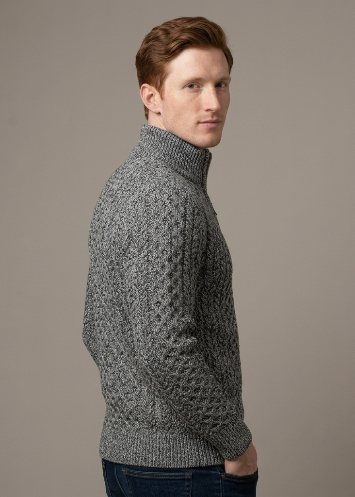 Aran Cable Knit Half Zip Sweater - 100% Merino Wool | Slate