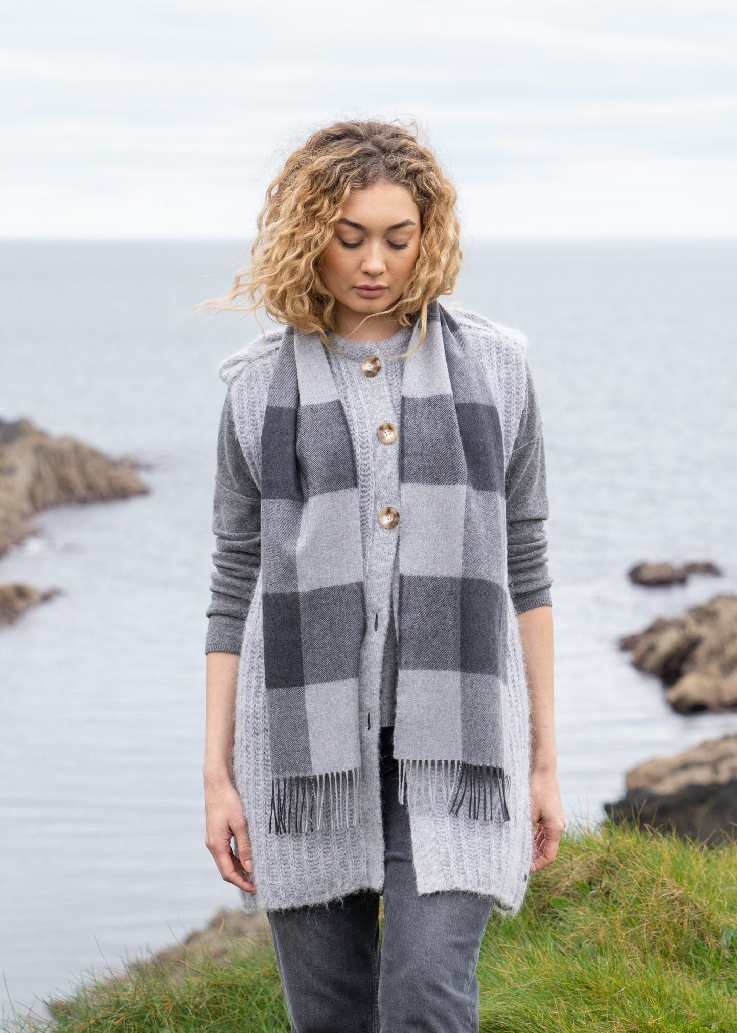 John Hanly Merino Scarf | Grey Mix Block Check