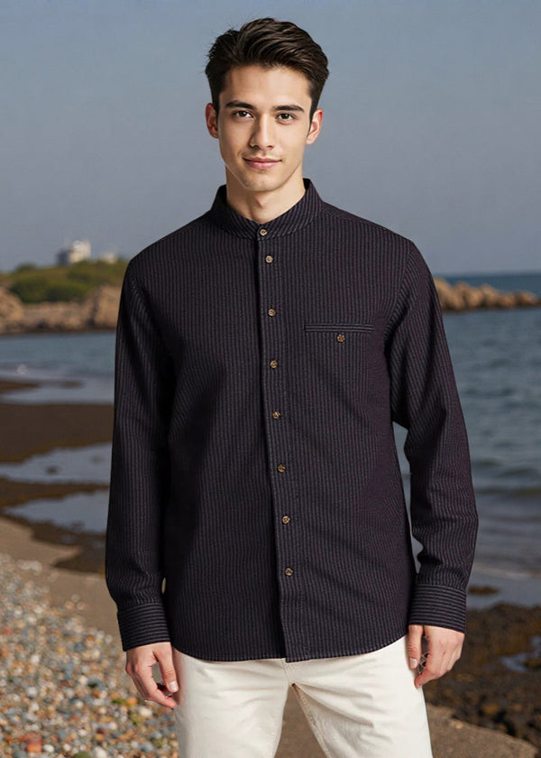 Lee Valley Cotton Grandfather Shirt | Black with Red / Brown Stripe