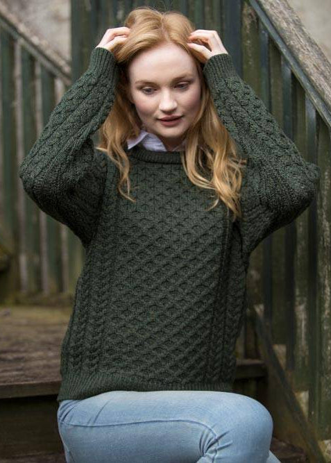 100% Merino Wool Aran Crew Neck Sweater | Green | Made in Ireland