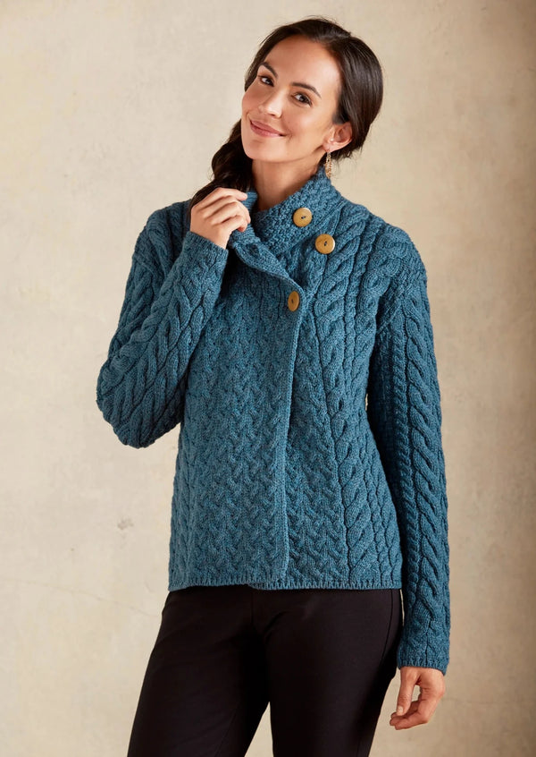 Aran 3 Buttons Trellis Cardigan | Irish Sea