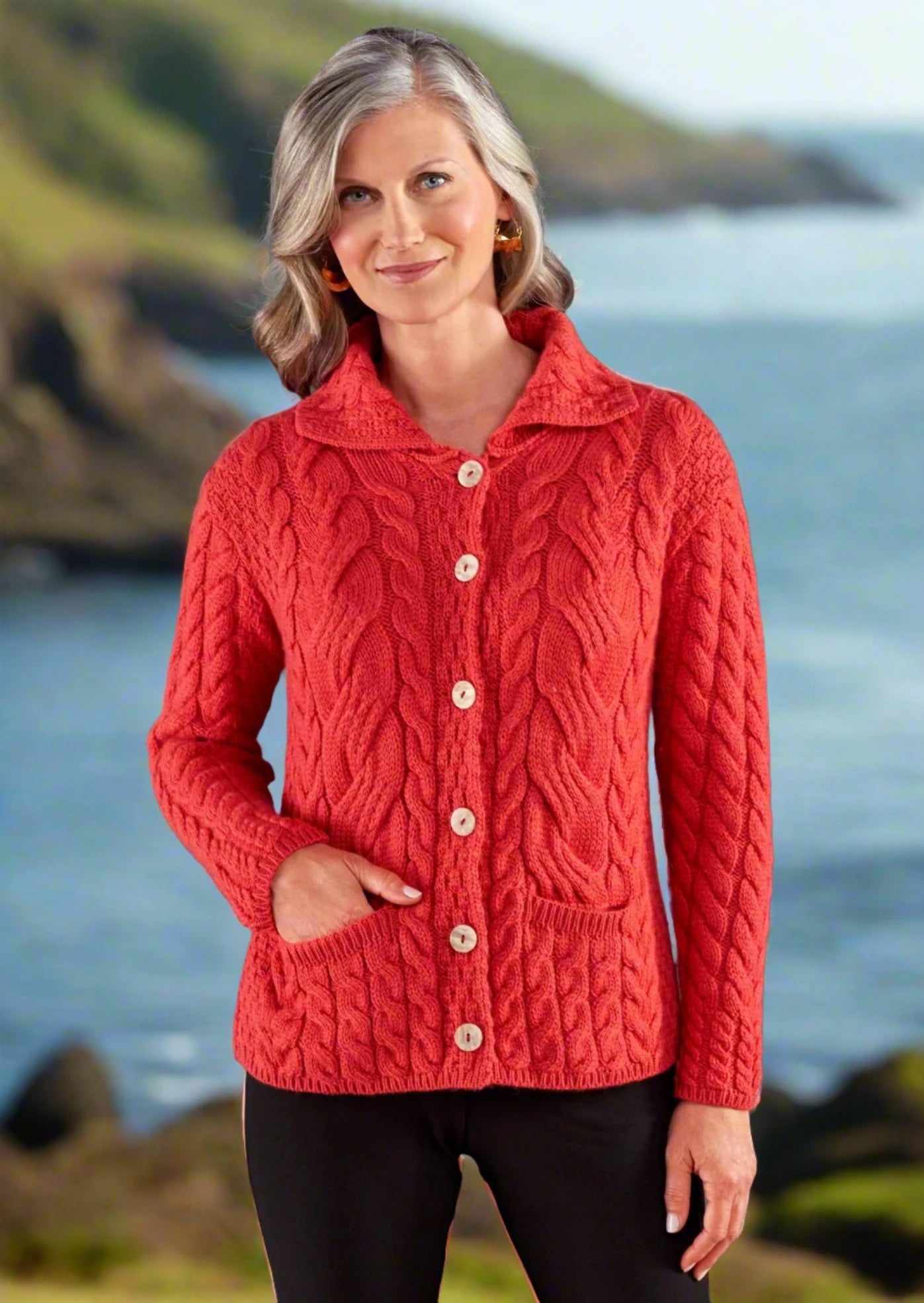 Belcarra Ladies Aran Cardigan | Coral