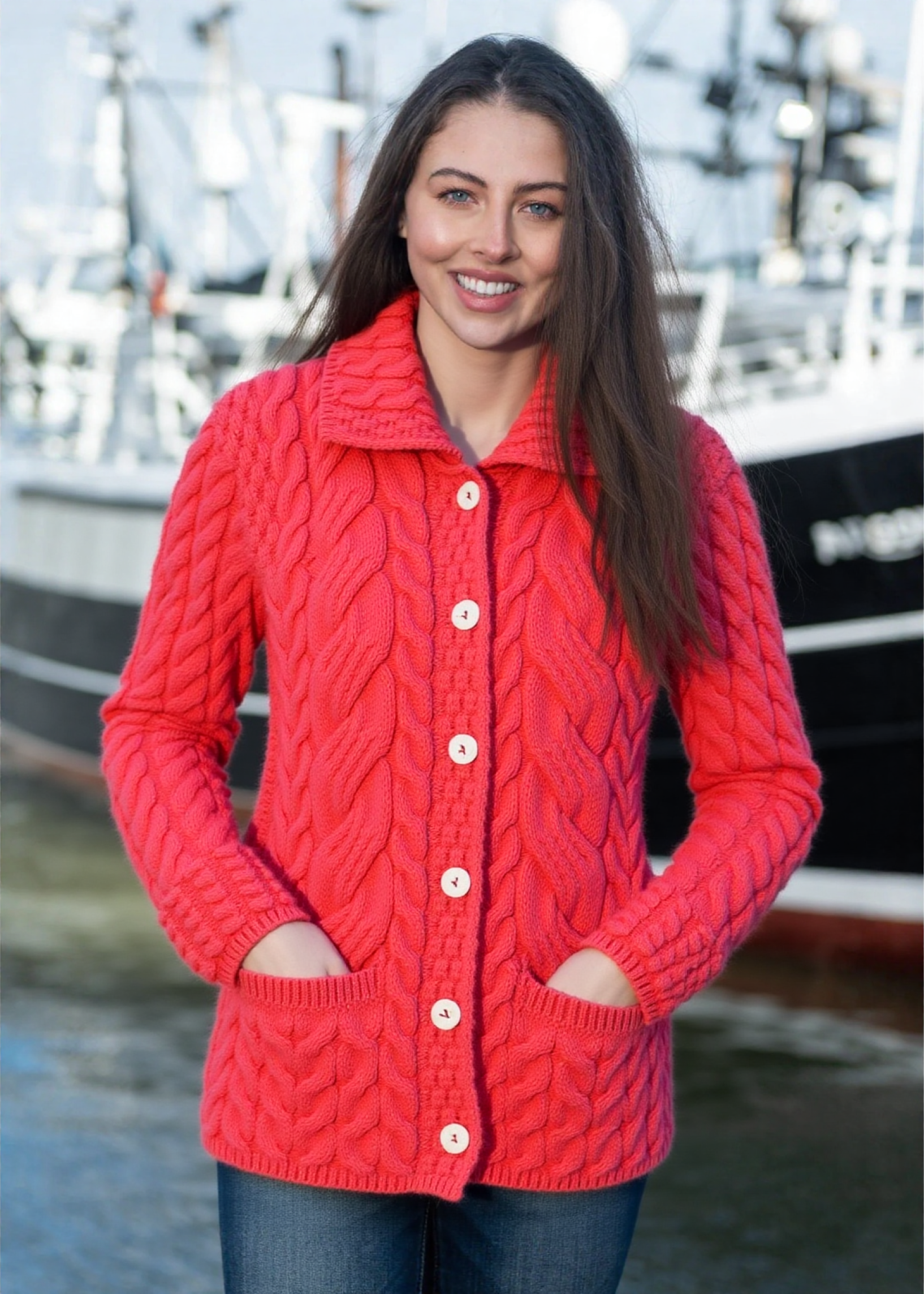 Belcarra Ladies Aran Cardigan | Coral - Clearance