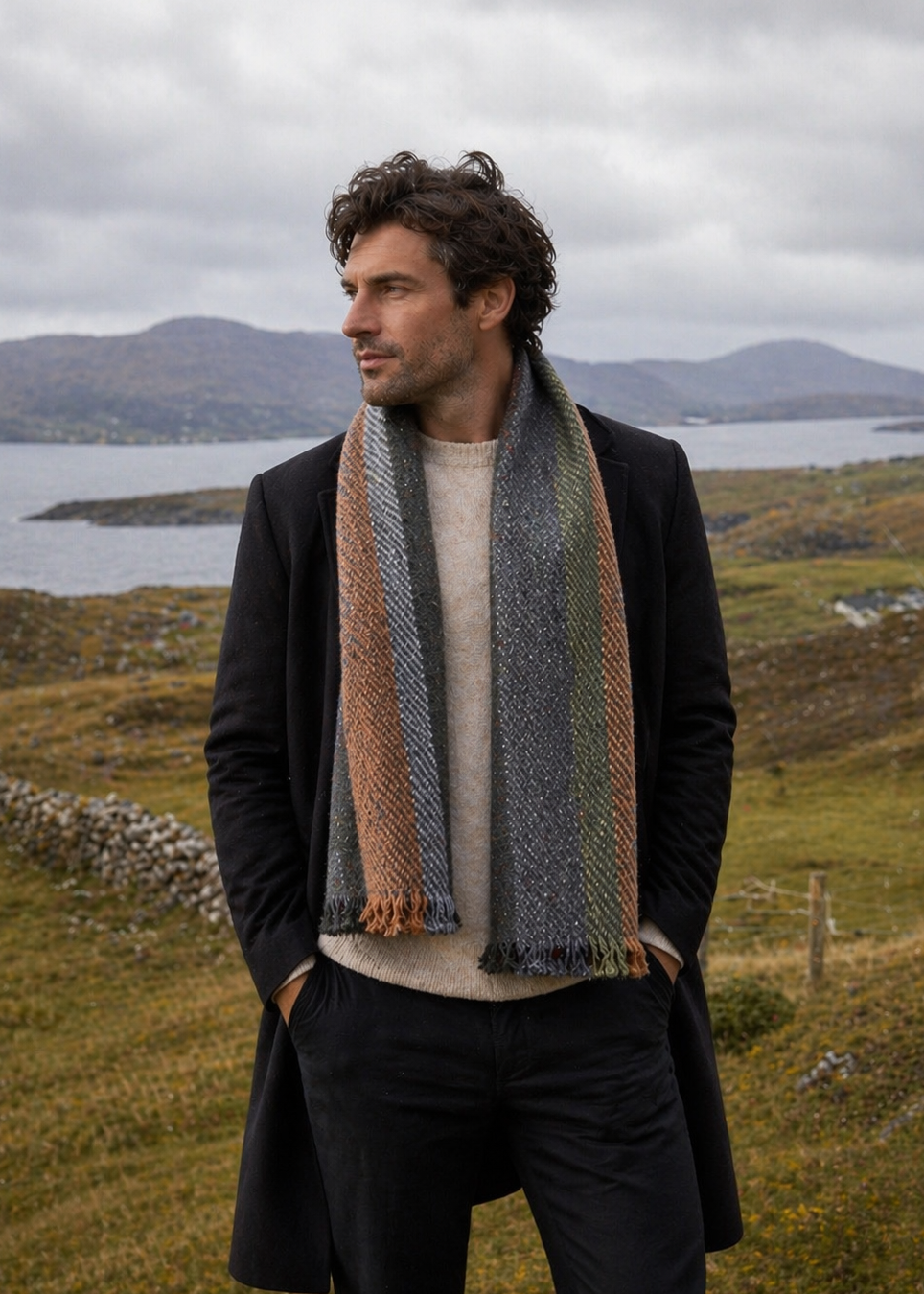Écharpe en laine Mucros Donegal | Rayures à chevrons | Fabriquée en Irlande