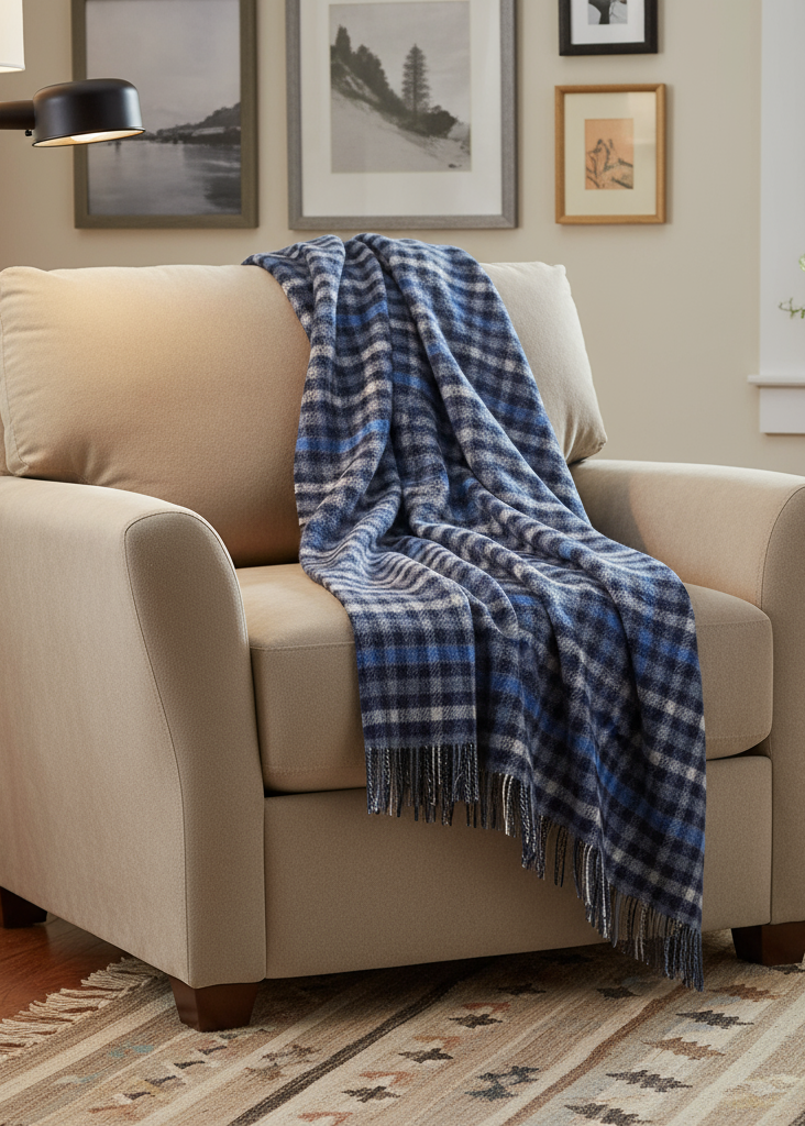 Large Irish Picnic Blanket Blue Small Block Check