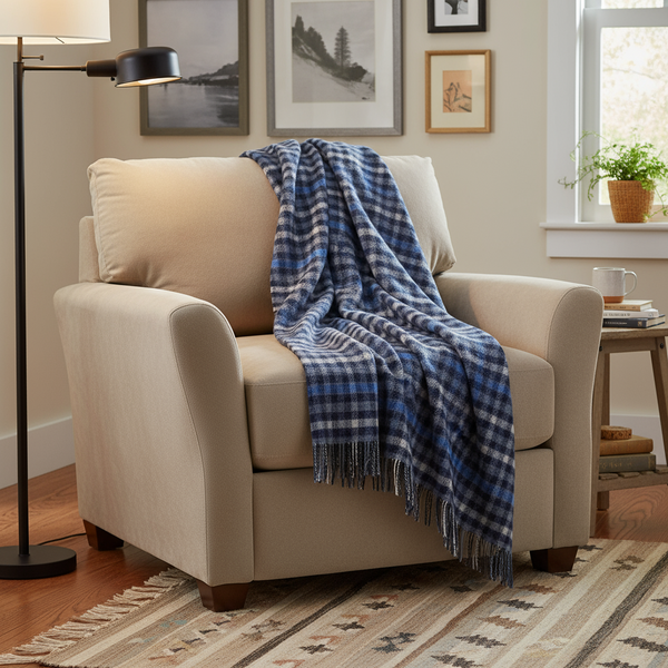 Large Irish Picnic Blanket Blue Small Block Check