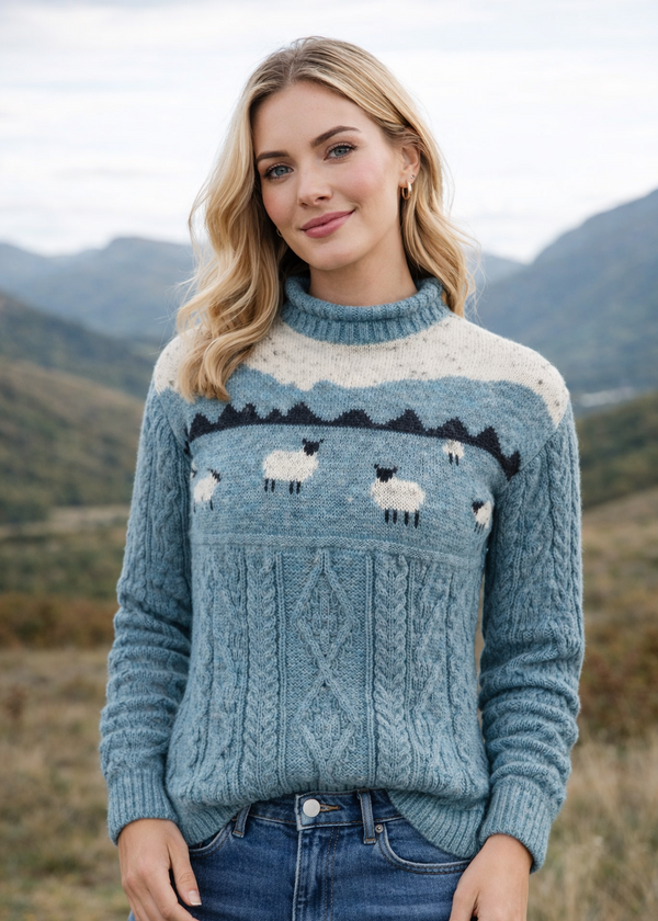 Unisex Pure Wool Sheep Aran Sweater | Summer Storm