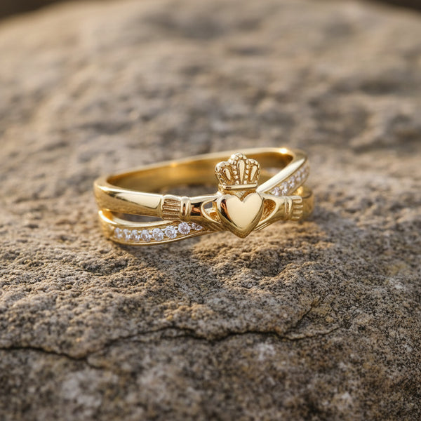 10K Gold CZ Claddagh Crossover Ring