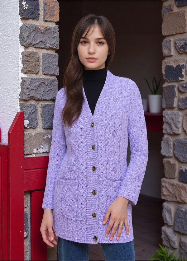 Aran Long Line Cardigan | Lavender