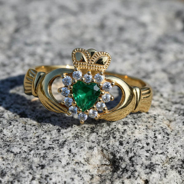 10k Gold Green Agate Claddagh Ring