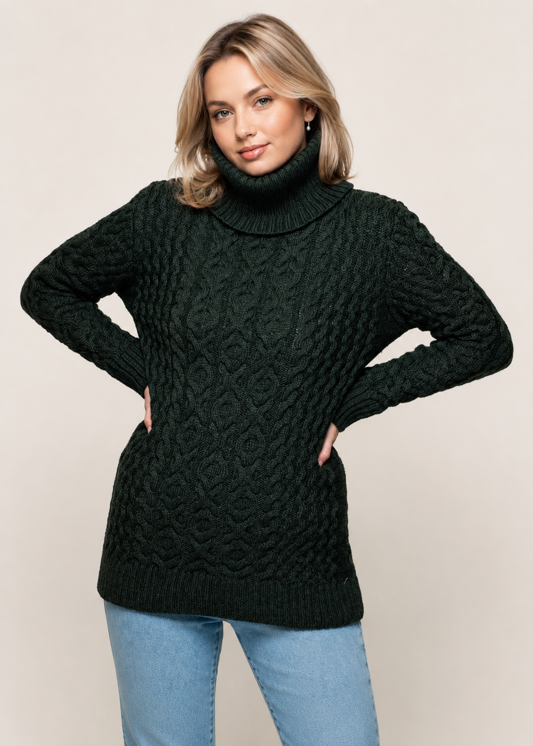 Merino Wool Polo Neck Aran Sweater | Army Green