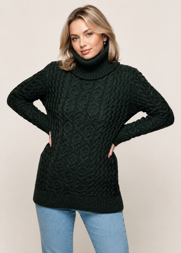 Merino Wool Polo Neck Aran Sweater | Army Green