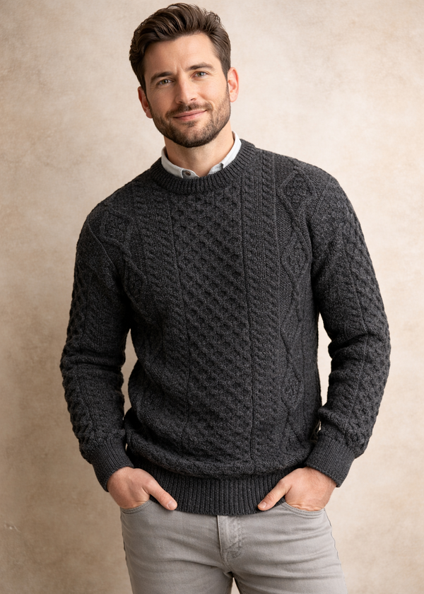 Charcoal Irish Aran Sweater | 100% Wool | Traditional Diamond Stitch