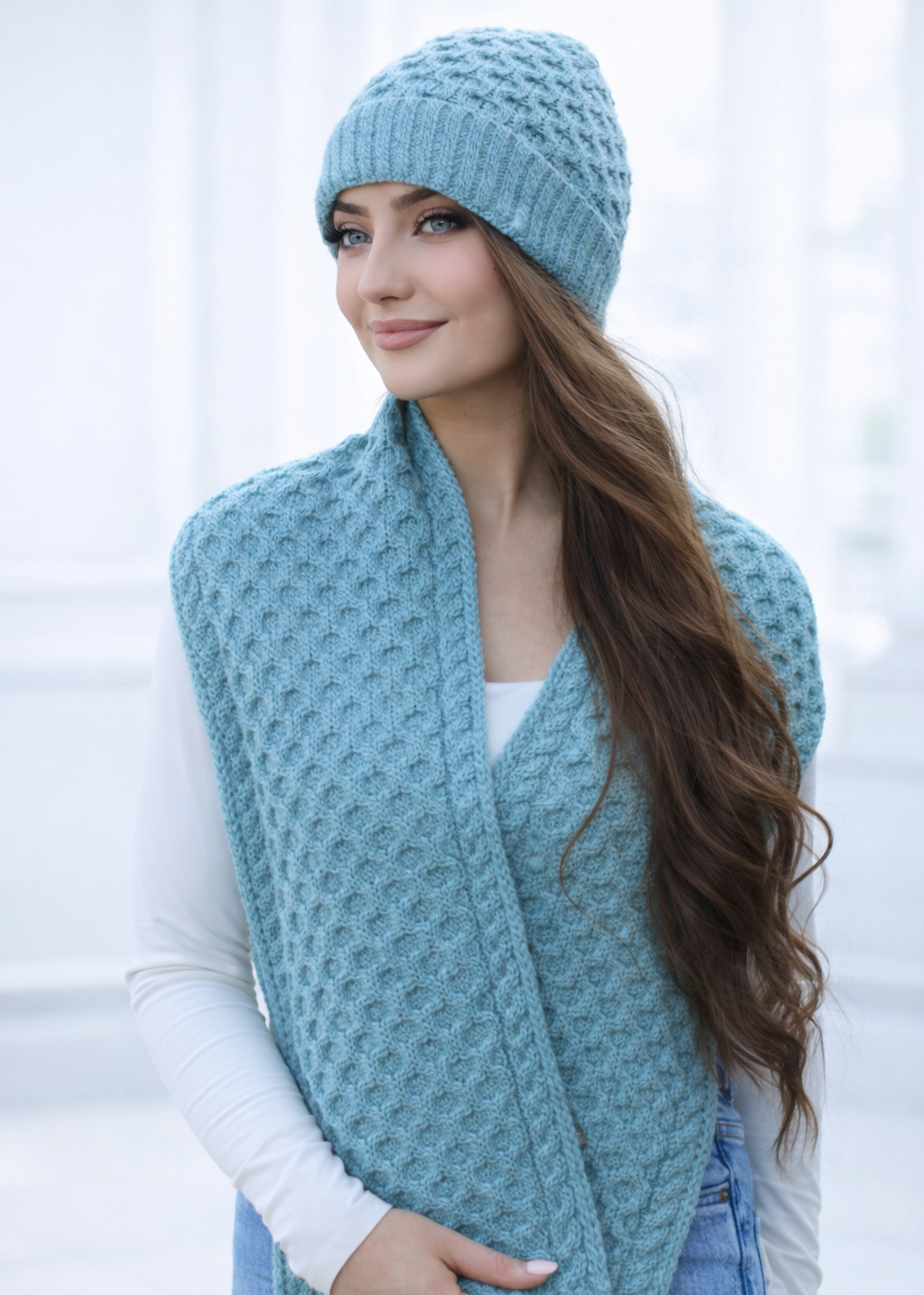 Aran Merino Wool Honeycomb Scarf | Aqua Marl