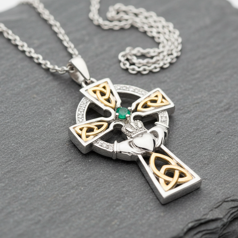 Silver Celtic Trinity Cross Set With Emerald And Diamond