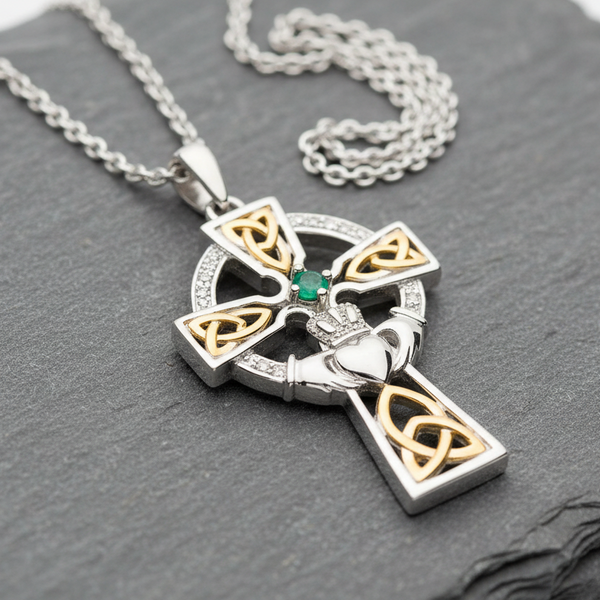 Silver Celtic Trinity Cross Set With Emerald And Diamond