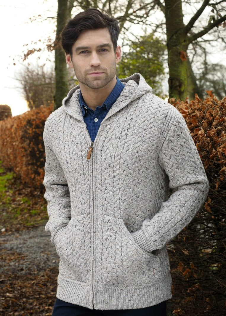 Aran Crafts Men's Hooded Cardigan | Premium Merino Wool | Oatmeal