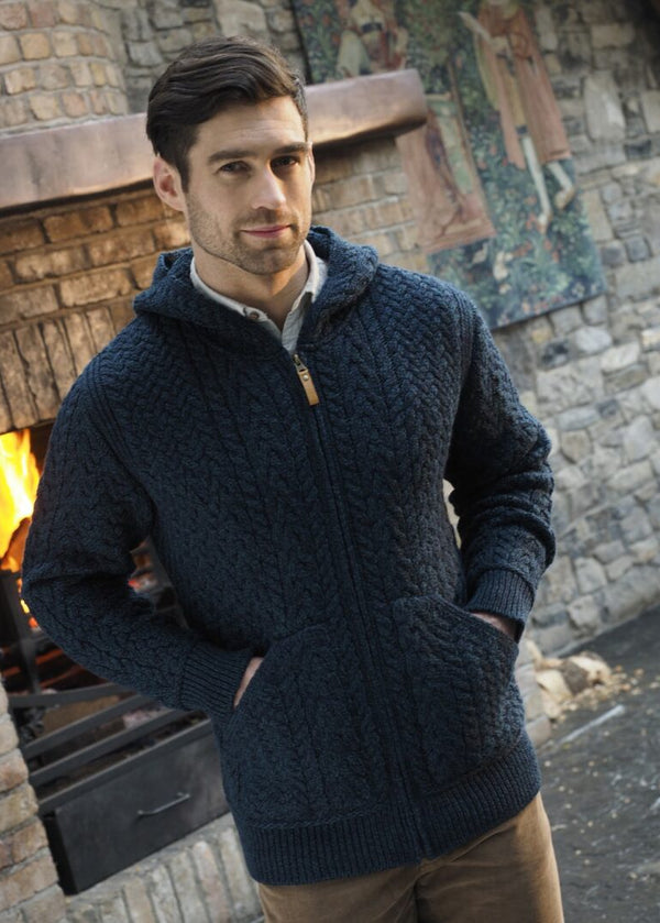 Aran Crafts Men's Hooded Cardigan | Premium Irish Merino Wool Zip Sweater