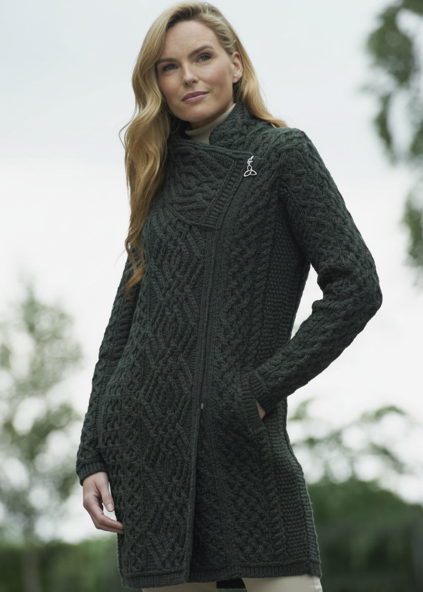 Aran Crafts Cable Knit Side Zip Coat | Green