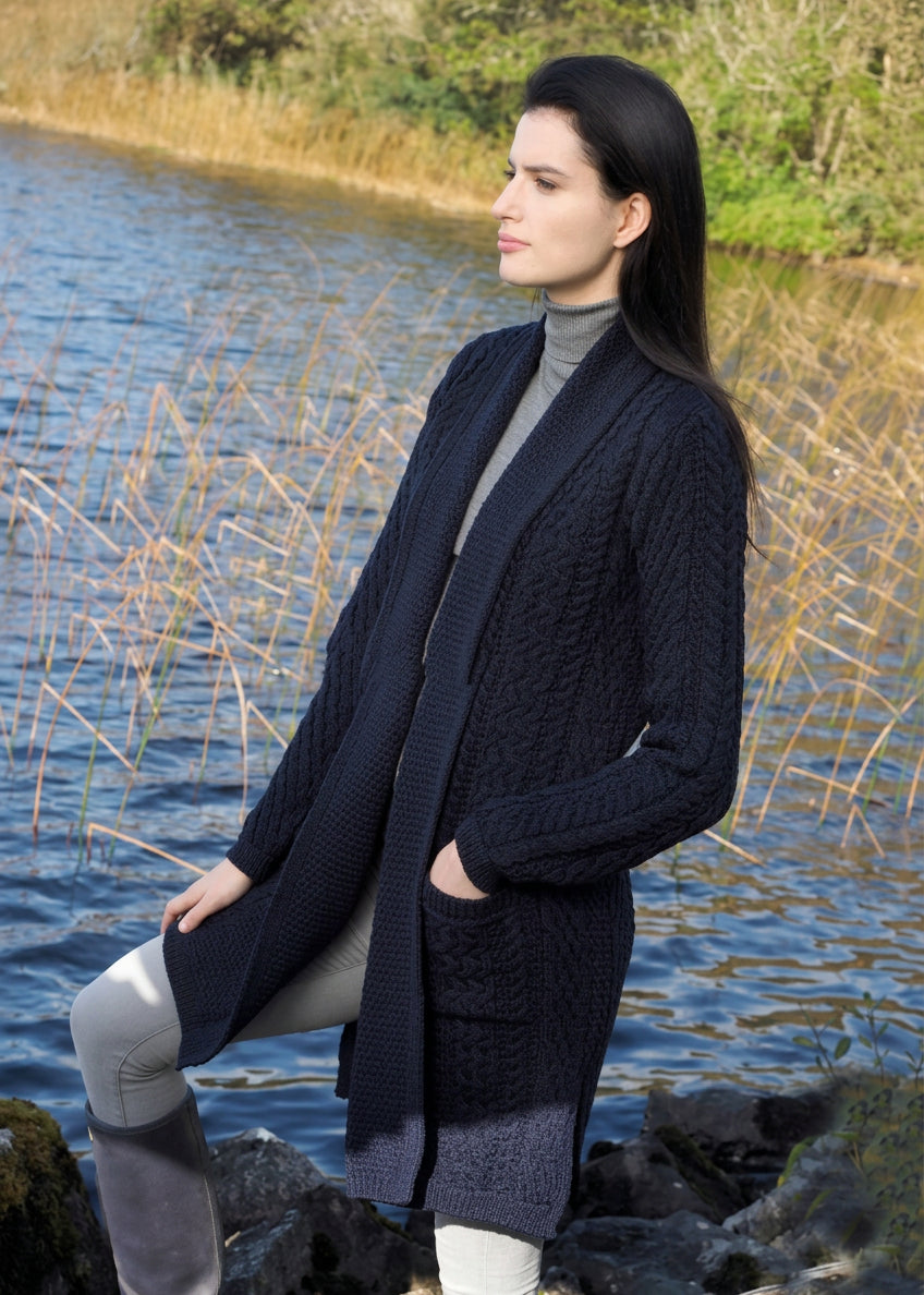 Aran Crafts Women's Navy Waterfall Merino Wool Cardigan | Made in Ireland - Clearance