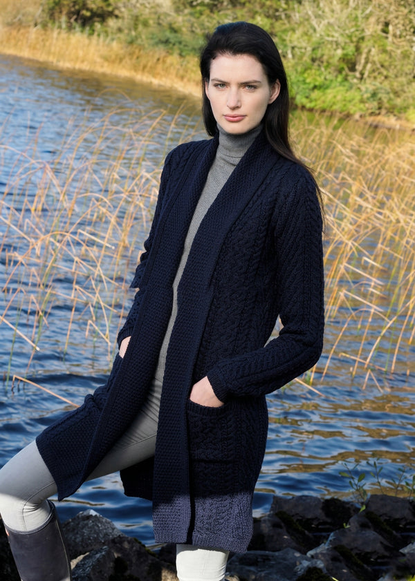 Aran Crafts Women's Navy Waterfall Merino Wool Cardigan | Made in Ireland - Clearance