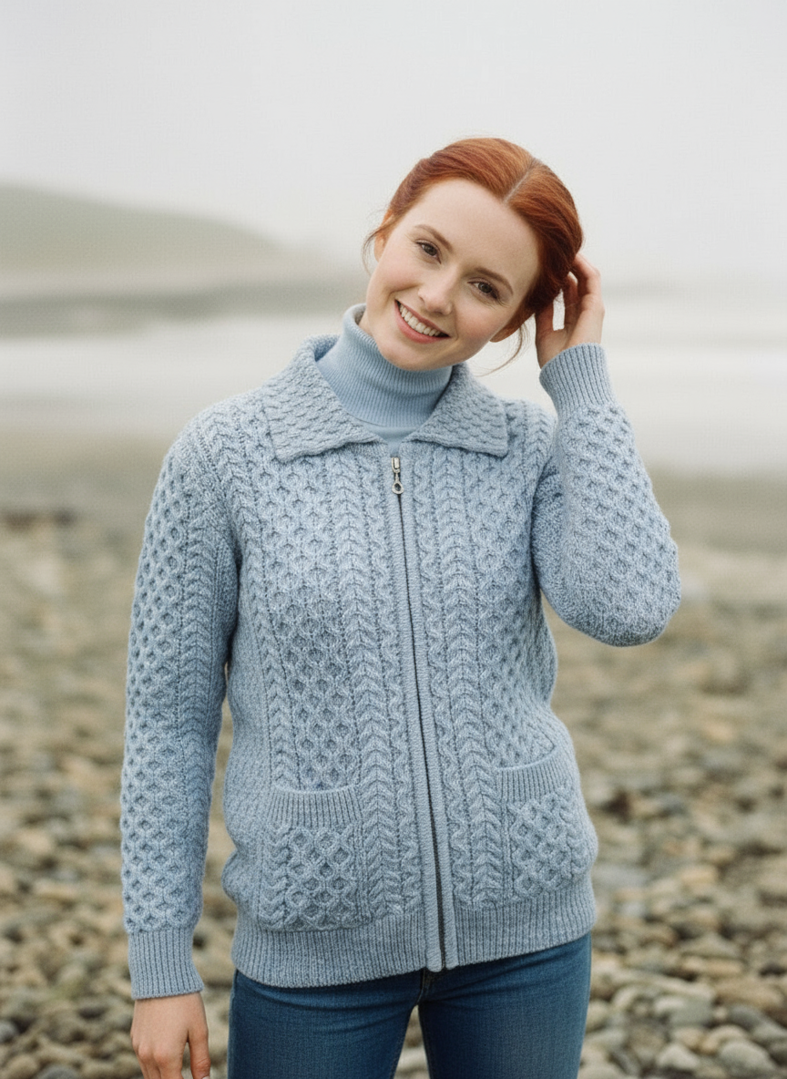 Aran Full Zip Cardigan | Sky Blue
