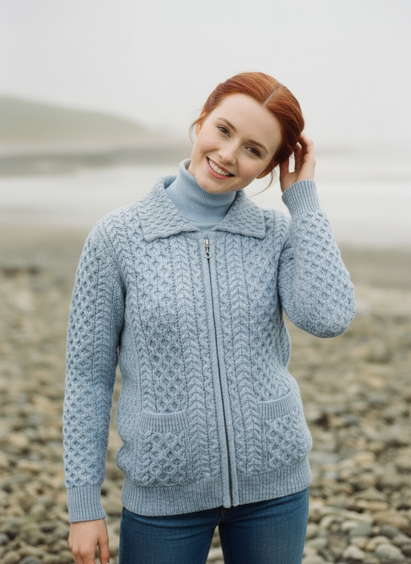 Aran Full Zip Cardigan | Sky Blue