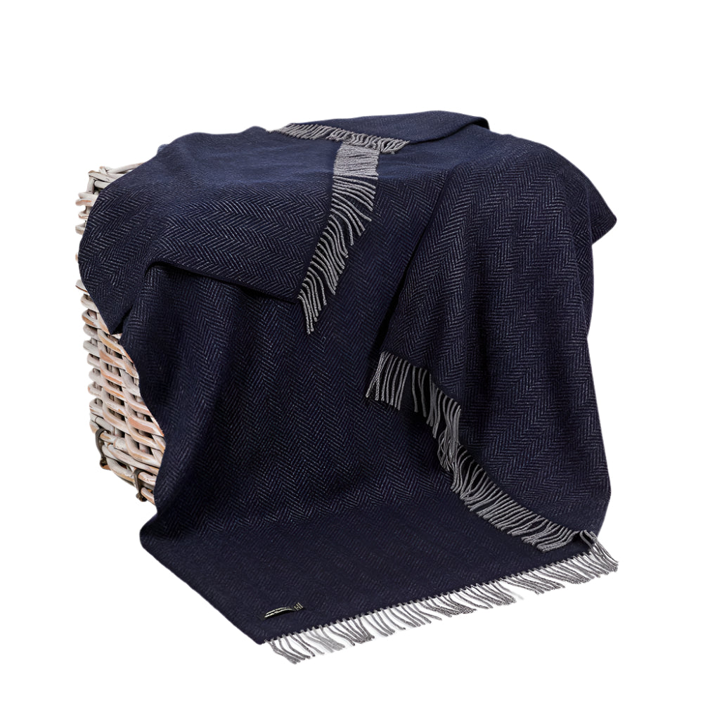 Oversize Merino Wool Cashmere Throw Dark Navy Herringbone