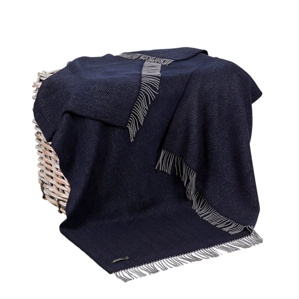 Oversize Merino Wool Cashmere Throw Dark Navy Herringbone