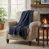 Oversize Merino Wool Cashmere Throw Dark Navy Herringbone