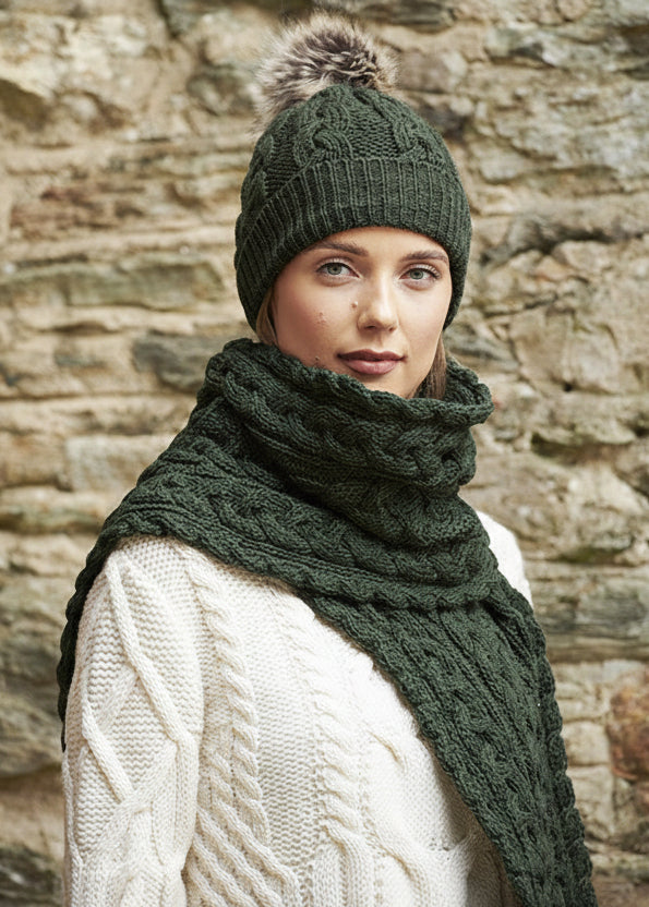 Chunky Cable Knit Aran Scarf | Green