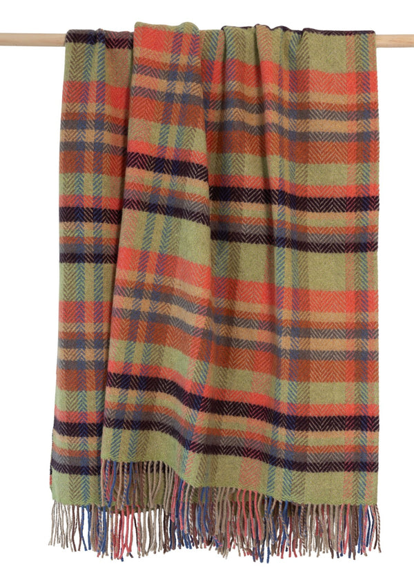 John Hanly Cashmere Throw | Green Coral Rust Slate Plum Check Herringbone