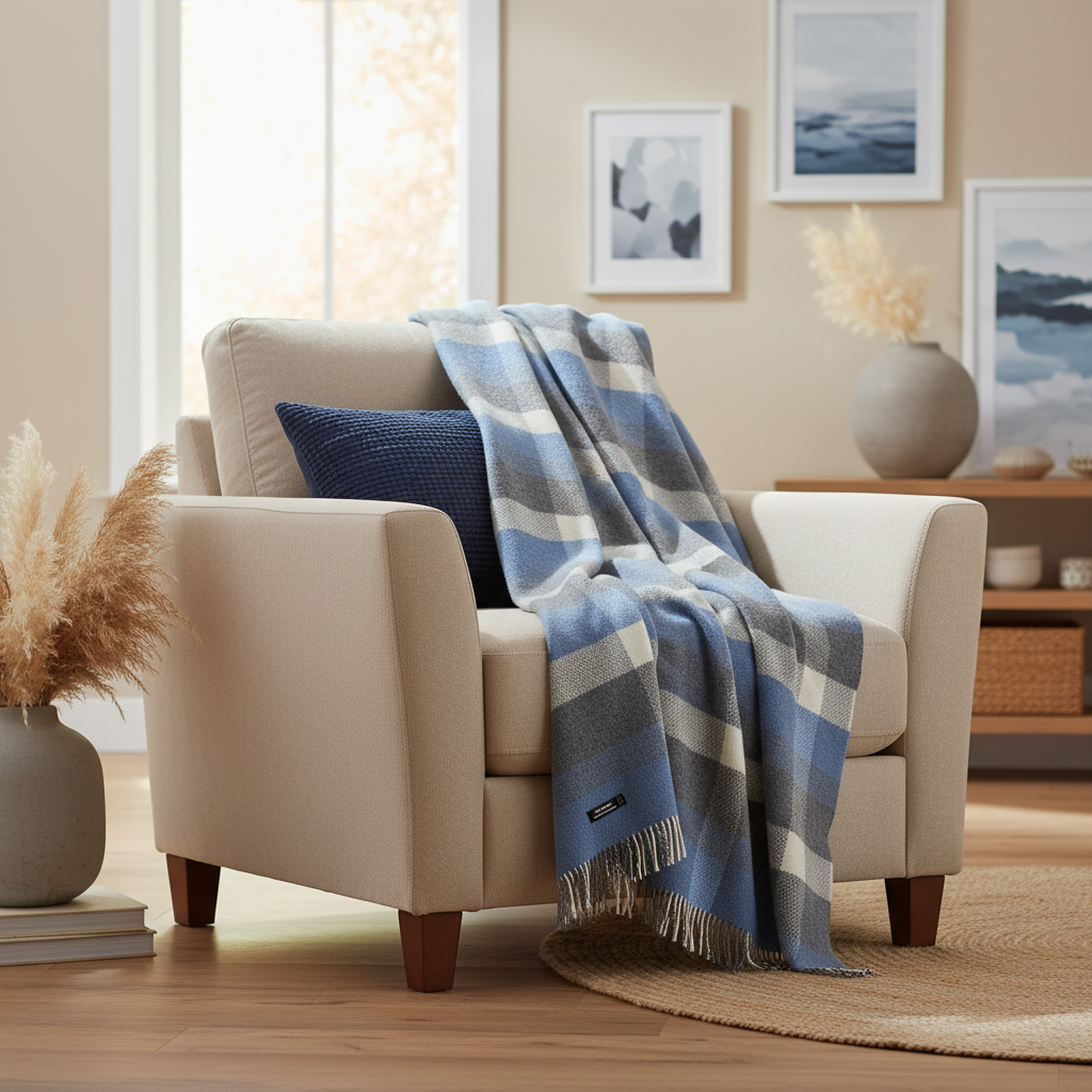 John Hanly Grey Blue Merino Cashmere Wool Throw Blanket