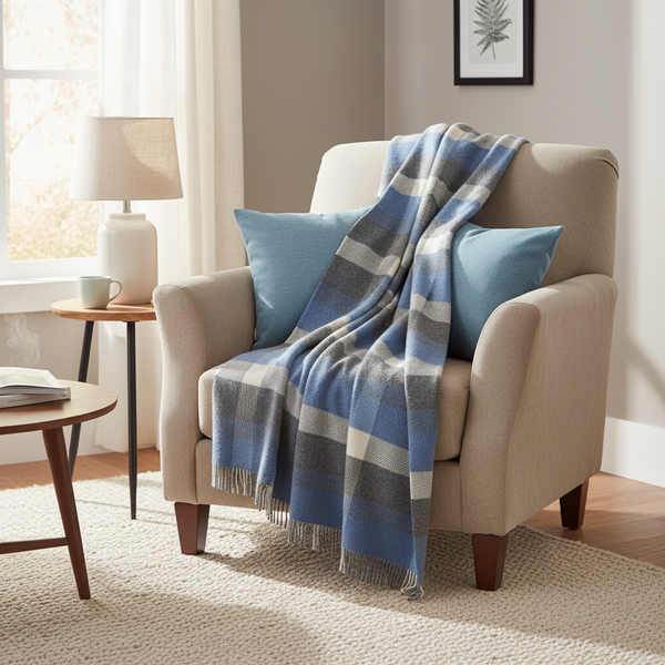 John Hanly Grey Blue Merino Cashmere Wool Throw Blanket