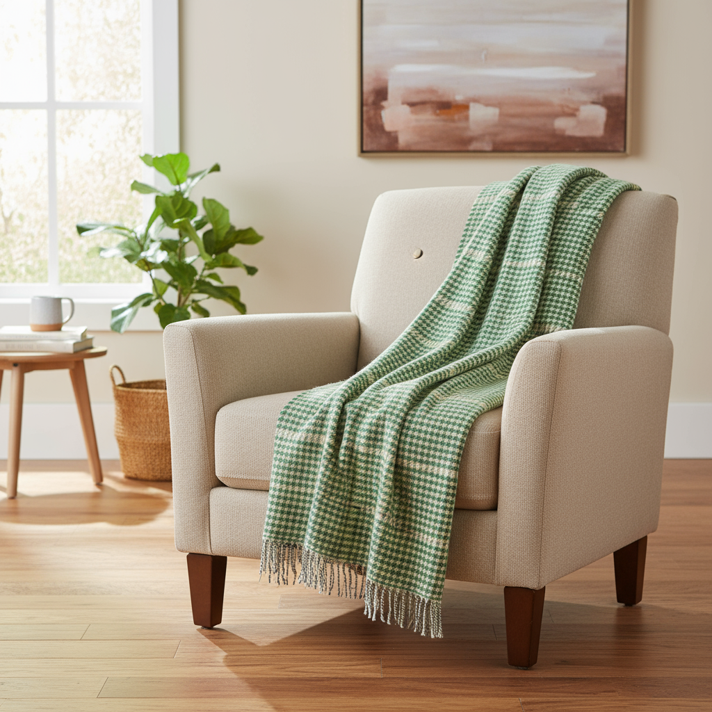 John Hanly Cashmere Throw | Green Cream Herringbone Check