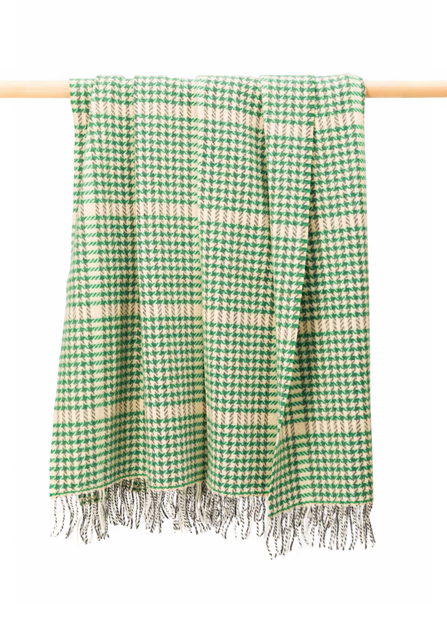 John Hanly Cashmere Throw | Green Cream Herringbone Check