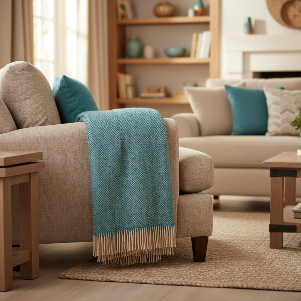 Merino Wool Cashmere Throw Green Aqua Herringbone