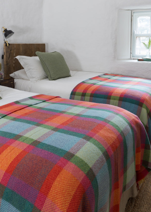 Merino Wool Cashmere Throw Bright Yellow, Pink and Green Check