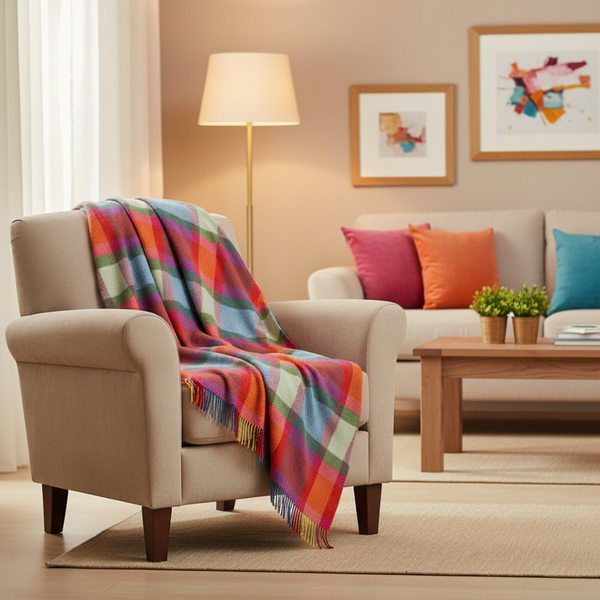 Merino Wool Cashmere Throw Bright Yellow, Pink and Green Check