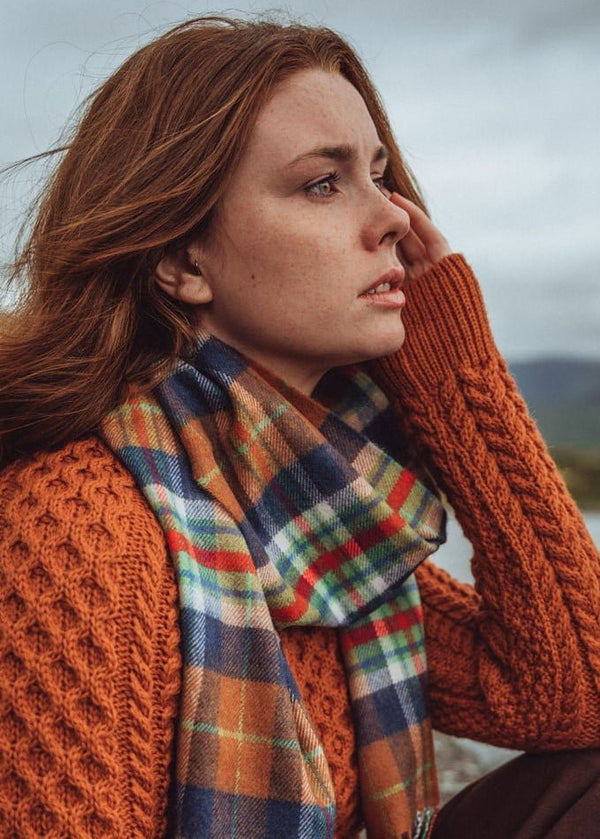 John Hanly Merino Scarf | Orange Navy Check