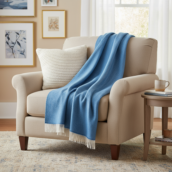 Beige armchair with a blue blanket and white pillow in a cozy living room setting.
