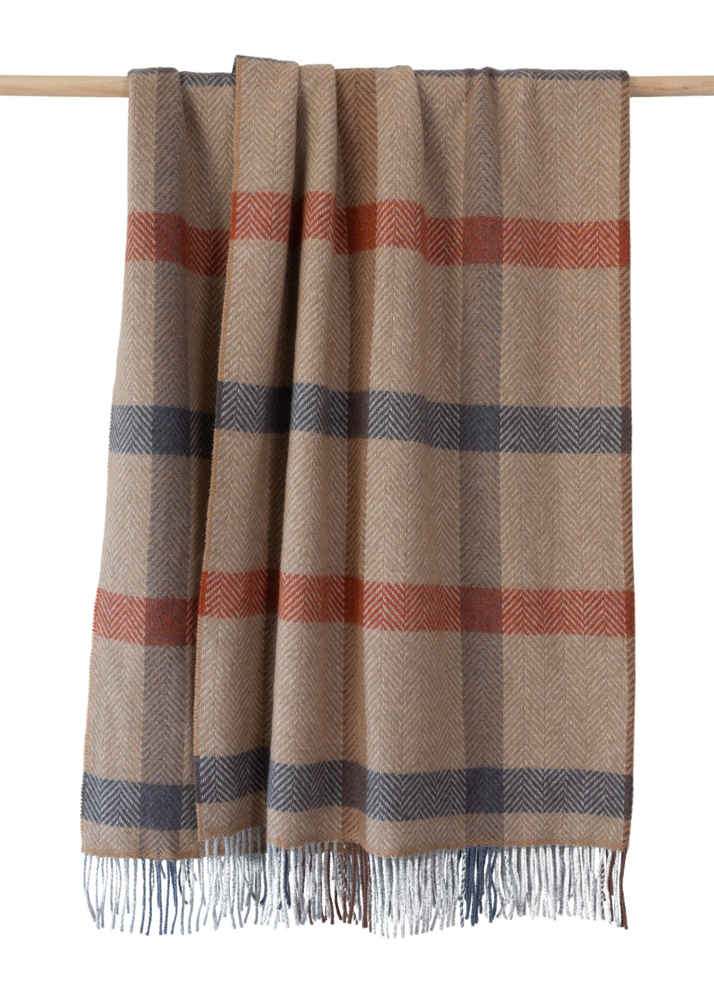 John Hanly Cashmere Throw | Camel Rust Brown Grey Check Herringbone