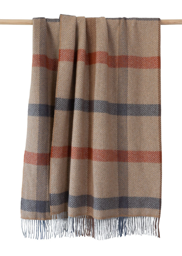John Hanly Cashmere Throw | Camel Rust Brown Grey Check Herringbone