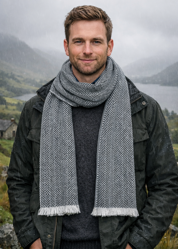 Mucros Donegal Wool Scarf | Grey Herringbone | Made in Ireland
