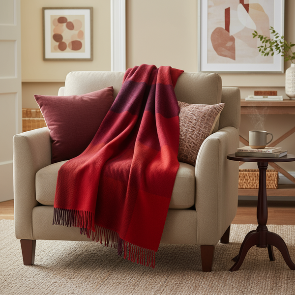Beige armchair with a red blanket and pillows in a cozy living room setting.